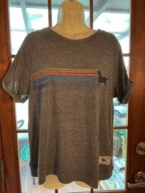 The Black Dog Gray Short-Sleeve Tee with Multi-Stripe Chest Graphic Womens Large